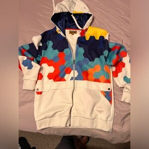 Makobi Hood White Colorful Hexagon Beehive Track Suit Jacket XL Pockets Hoodie